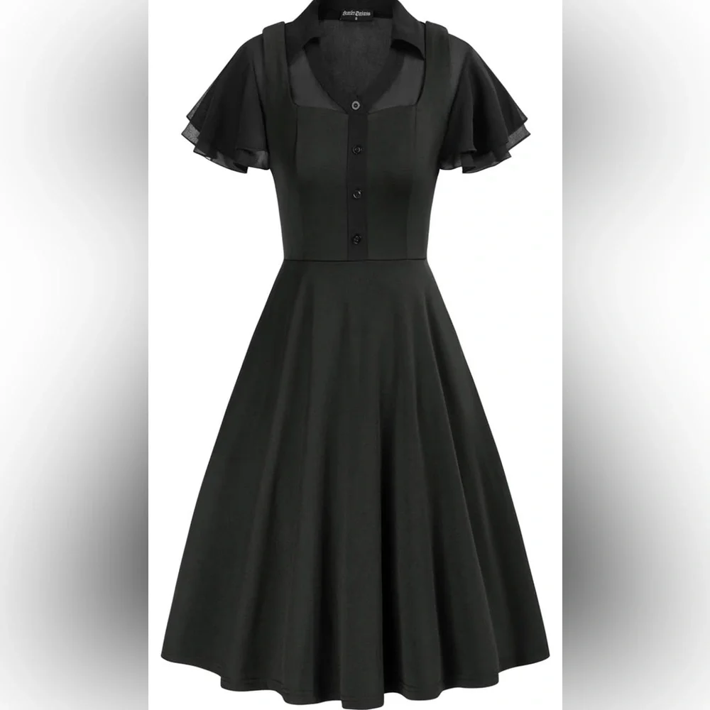 Scarlet Darkness Womens Goth Dress Mesh Flutter Sleeve Skater Dress with Pockets - Picture 2 of 14